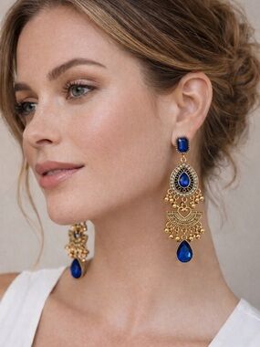 Statement Blue Crystal Chandelier Earrings Gold Tone Boho Vintage Style Dangle